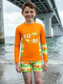 SHEIN Plus Size Boys' Swimwear,Holiday Orange Tropical Palm Tree & Letter Print 2pcs Set Long Sleeve Rash Guard & Swim Trunks,Funny Summer Beach Vacation - Orange - View 3
