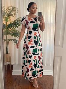 SHEIN Lady CURVE 大码夏季休闲印花圆领收腰短袖连衣裙 - 彩色 - 查看 4