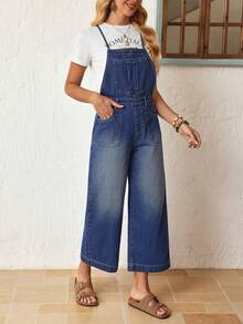 EMERY ROSE Quần yếm denim dáng rộng có túi và cúc cài, đa năng dành cho nữ. - Màu xanh lam - Xem 5