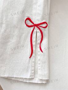 Flirla 中腰紅色刺繡蝴蝶結水洗短版牛仔褲 - 白色 - 查看 6