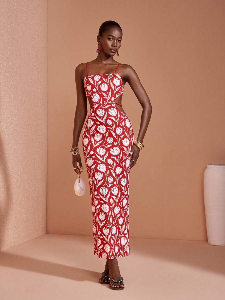 JIAN LASALA Vestido midi de mujer de Body ceñido con tirantes finos y sin mangas con estampado multicolor - Rojo - Ver 1