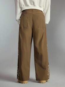 ROMWE MEN Street Life Men's Casual Everyday Floral Embroidery Slant Pocket Pants - Khaki - View 3