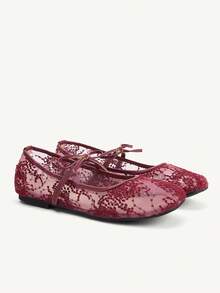 CUCCOO CHICEST Giày Mary Jane lưới nhẹ nhàng, mũi vuông, gót bằng, thiết kế nơ ren, mùa xuân và hè. Thích hợp cho việc đi lại hàng ngày. - Đỏ - Xem 2