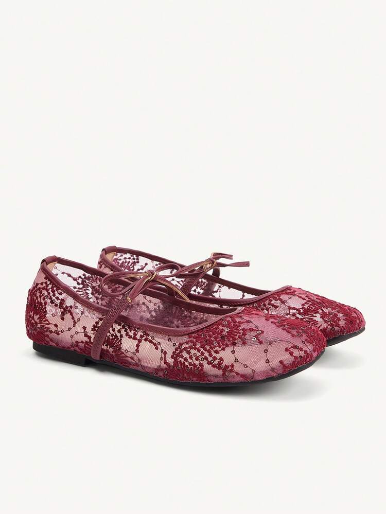 CUCCOO CHICEST Spring And Summer Mesh Lace Bow Design Square Toe Flat Heel Gentle Mesh Mary Jane Shoes Daily Commute