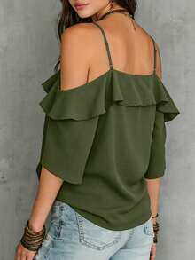 LUMIGAL Summer Casual Solid Color Off-Shoulder Ruffle Trim Short Sleeve Blouse - Olive Green - View 2