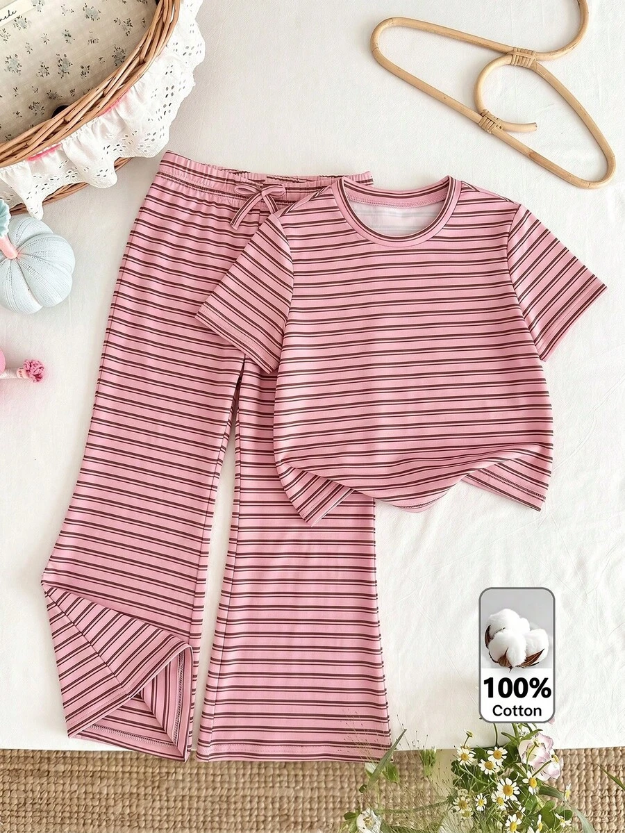 SHEIN 少女極簡條紋短袖T恤與長褲套裝 - 粉色 - 查看 1