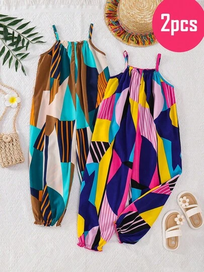 SHEIN Young Girl Woven Geometric Floral Jumpsuit 2 Pieces Set