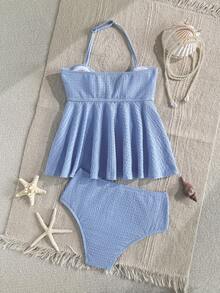 SHEIN Bộ đồ bơi tankini cổ yếm xếp nếp bằng vải jacquard dệt kim dành cho bé gái tuổi teen - Màu xanh nhạt - Xem 2