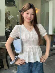 DAZY 女款韓式波點蝴蝶結襯衫夏季可愛上衣 - 杏色 - 查看 5