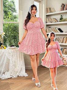 FleurLily Plus Size Women's Rust Puff Sleeve Tiered Mini Dress, Sweetheart Neckline, Ruched Back, Ruffle Hem, Featuring Ditsy Ditsy Floral, Festival Dress Pink Floral Dress Zanzea Dress For Women Ladies Dresses - Pink - View 4