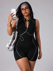Core Rhythm Plus Size Women's Seamless Black & White Sleeveless Hollow-Out Backless Jumpsuit, Outdoor Exercise Sports Fitness Running Yoga Shorts Bodysuits For Women Plus Tummy Control Bodysuit Tummy Control Romper Plus Size Bodysuit Exercise Suit Plus Size - Black and White - View 7