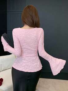 DAZY Blusa Elegante de Renda Rosa Suave para Encontros, Moda Casual de Outono, Primavera & Verão com Mangas Flare, Bainha Franzida, Textura Plissada, Ajustada para Casamento - Rosa chiclete - Visão 3