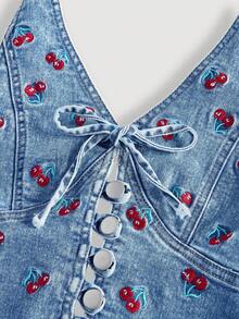SHEIN MOD Áo kiểu nữ casual thêu hoa anh đào, cài cúc phía trước, hở lưng, cổ yếm, thích hợp cho mùa hè. - Màu xanh lam - Xem 4