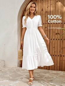Faunlyn Women's Solid Color V-Neck Long Dress With Raglan Short Sleeves And Embroidery - 白色 - 查看 6