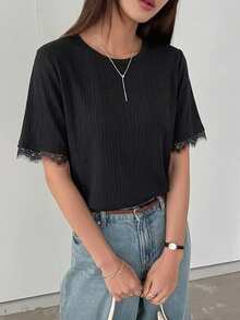 DAZY Women's Summer Round Neck Short Sleeve Lace Patchwork Casual Elegant Pullover T-Shirt Date Black - Black - View 6