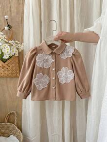 SHEIN 少女花卉装饰花瓣袖衬衫 - 卡其色 - 查看 4