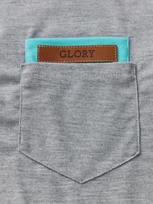 Men Office Color Block Patch Detail Collar Polo Shirt, Knit Fabric Short Sleeve Gray, With Contrast Trim & Pocket & Button - Grey - View 7