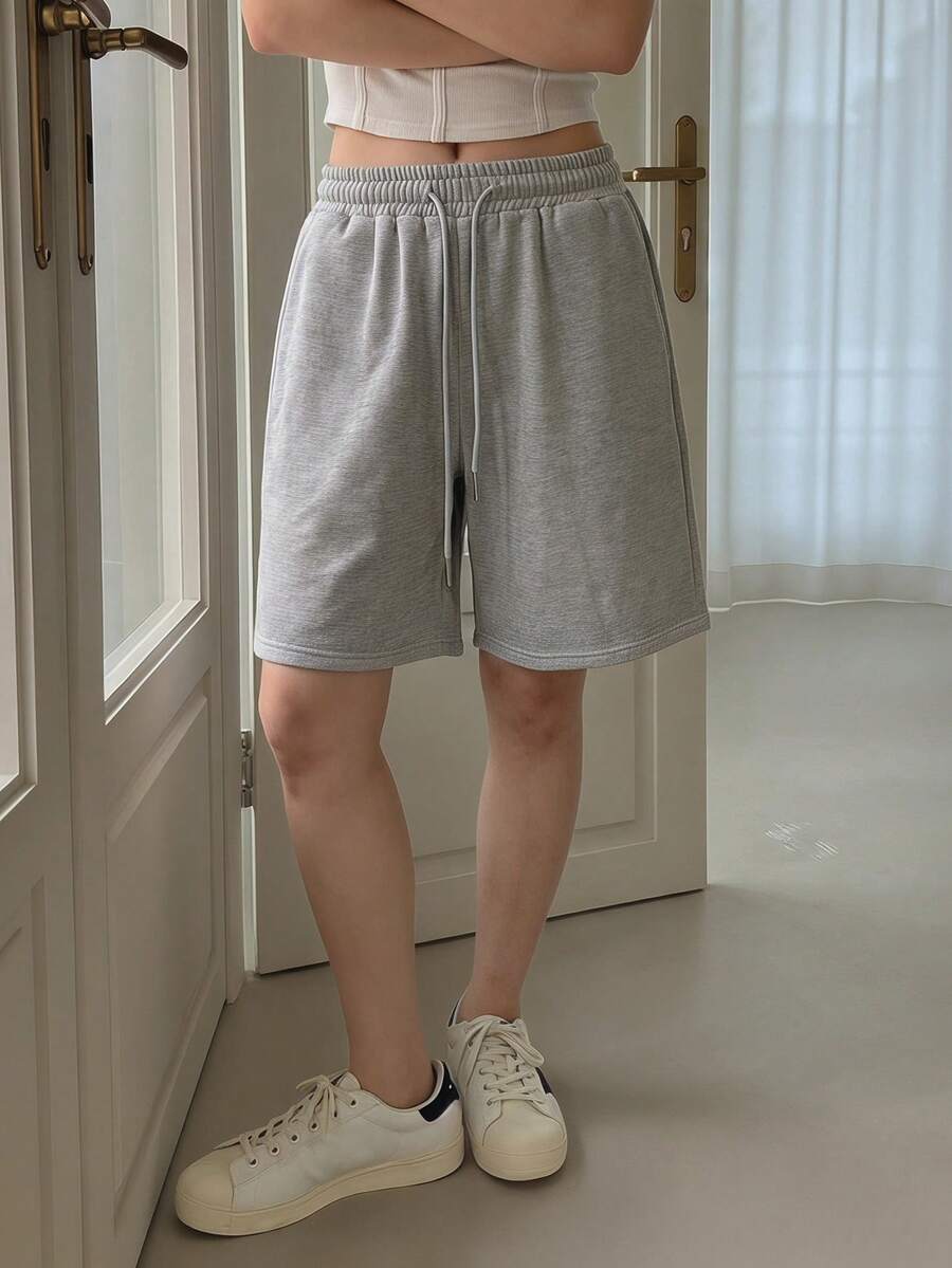DAZY 女士纯色抽绳腰带休闲日常运动裤 - 灰色 - 查看 1