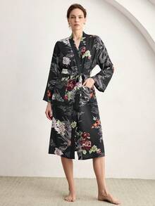 Ocili 优雅花卉龙纹印花柔软舒适中式休闲睡袍，女士睡衣 - 彩色 - 查看 5