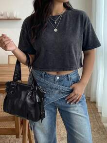 Plus Size kortärmad T-shirt i tvättad bomull, vår - Svart - Visa 3