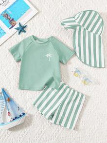 SHEIN 3pcs/Set Baby Boy/Girl Striped Pattern Swimsuit Set With Swim Cap,Sage Green Summer Casual Vacation Holiday Cute Comfortable Beach Hot Spring Surfing - Green - View 3