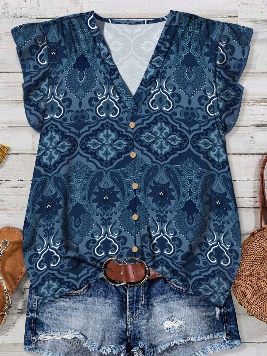 SHEIN LUNE Women's All-Over Print V-Neck Ruffle Hem Casual Blouse, Suitable For Summer,Summer Top - Blue - View 1