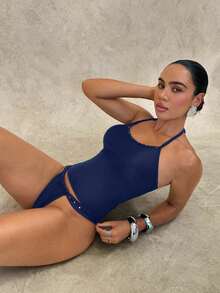 Swim Glamine Bộ đồ bơi nữ màu trơn gồm áo tankini buộc dây cổ và quần tam giác, thích hợp cho kỳ nghỉ hè và đi biển. - Màu xanh lam - Xem 7