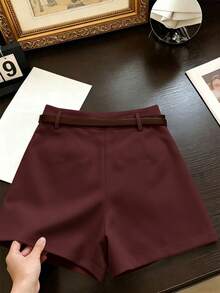 Pantalones cortos minimalistas de moda francesa, tejidos de unicolor, casuales para ir al trabajo, retro, de cintura alta, con silueta A y pierna ancha, para mujeres - Rojo - Ver 6