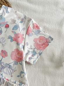 SHEIN Vintaside Kids Abygirl 女婴夏季圆领短袖印花简约时尚T恤搭配百搭休闲短裤套装，适合外出、日常休闲、海滩玩耍或公园散步。 - 彩色 - 查看 6