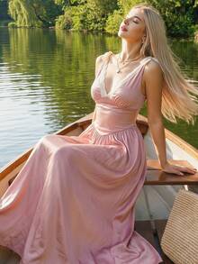 Sweetina Sexy Deep V-Neck Backless Long Dress For Women - Pink - View 1