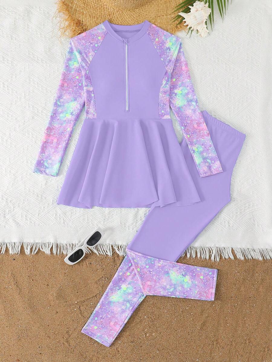 SHEIN Tween Girls Patchwork Long Sleeve Top And Pants Burkini Two-Piece Swimwear Set, Suitable For Summer Vacation - Mauve Purple - View 1