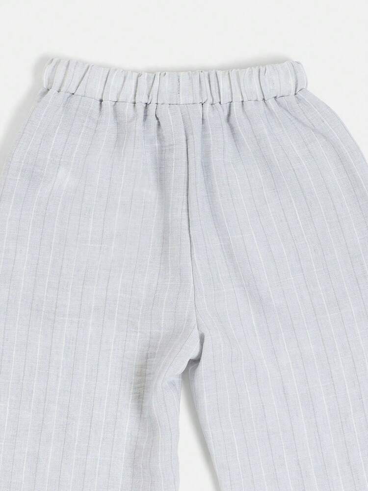 Striped Drawstring Boys Pants With Monkey Patch Elastic Waist Casual Everyday Pants Cuffed Hem Comfortable Kids Jogger Style Trousers