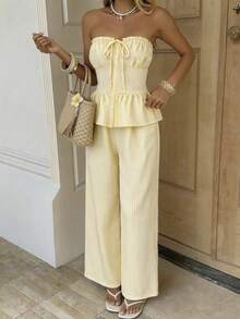 Lucivie Elegant Sexy White And Yellow Summer Tropical Holiday Vacation Women's Set,Striped Strapless Top Loose Long Pants,Casual Beach Golf Birthday Outfits - Yellow - View 8