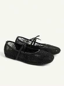 CUCCOO CHICEST Spring And Summer Mesh Lace Bow Design Square Toe Flat Heel Gentle Mesh Black Mary Jane Shoes Daily Commute - Black - View 2