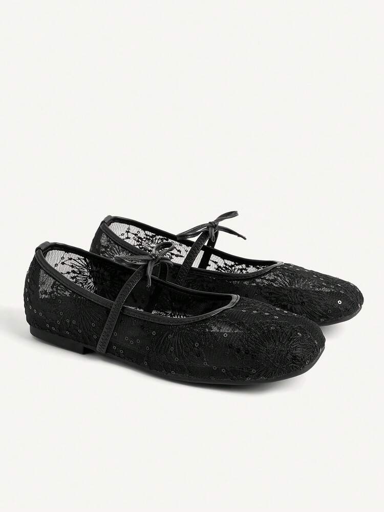 CUCCOO CHICEST Spring And Summer Mesh Lace Bow Design Square Toe Flat Heel Gentle Mesh Black Mary Jane Shoes Daily Commute