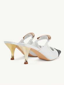 CUCCOO CHICEST Women's Elegant Gold Crescent Moon Decor Pointed Toe Stiletto Heel Pumps, Suitable For Work, Formal Occasions, Office Outfit, Mule Shoes, White PU Spring Break Easter For Christmas - Black and White - View 5