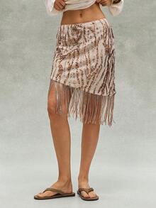 SHEIN BohoFeels Women's Sequin Tassel Design Casual Versatile Date Night Mini Skirt - Khaki - View 6