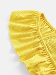 Young Girl Striped Bow Ruffle Trim Short Sleeve Yellow Casual Dress, Fashionable Daily Wear, Soft & Comfortable For Spring/Summer Beach Holiday - Yellow - View 4