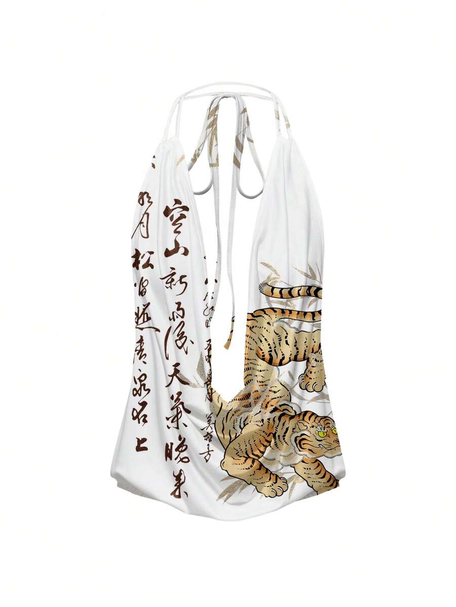 ROMWE Avant Spring/Summer Baech Carnival Casual Graphic White New Chinese Style Dark Calligraphy Tiger Sexy Lace-Up Backless Halter Neck Women Tank Top - White - View 1