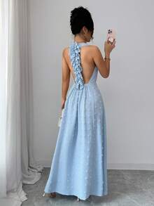 SHEIN Elenzya 优雅浪漫度假派对露背荷叶边镂空A字蓝色连衣裙（女款） - 藍色 - 查看 1