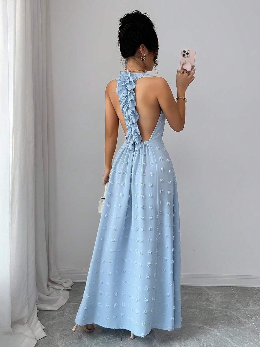 SHEIN Elenzya 优雅浪漫度假派对露背荷叶边镂空A字蓝色连衣裙（女款） - 藍色 - 查看 1