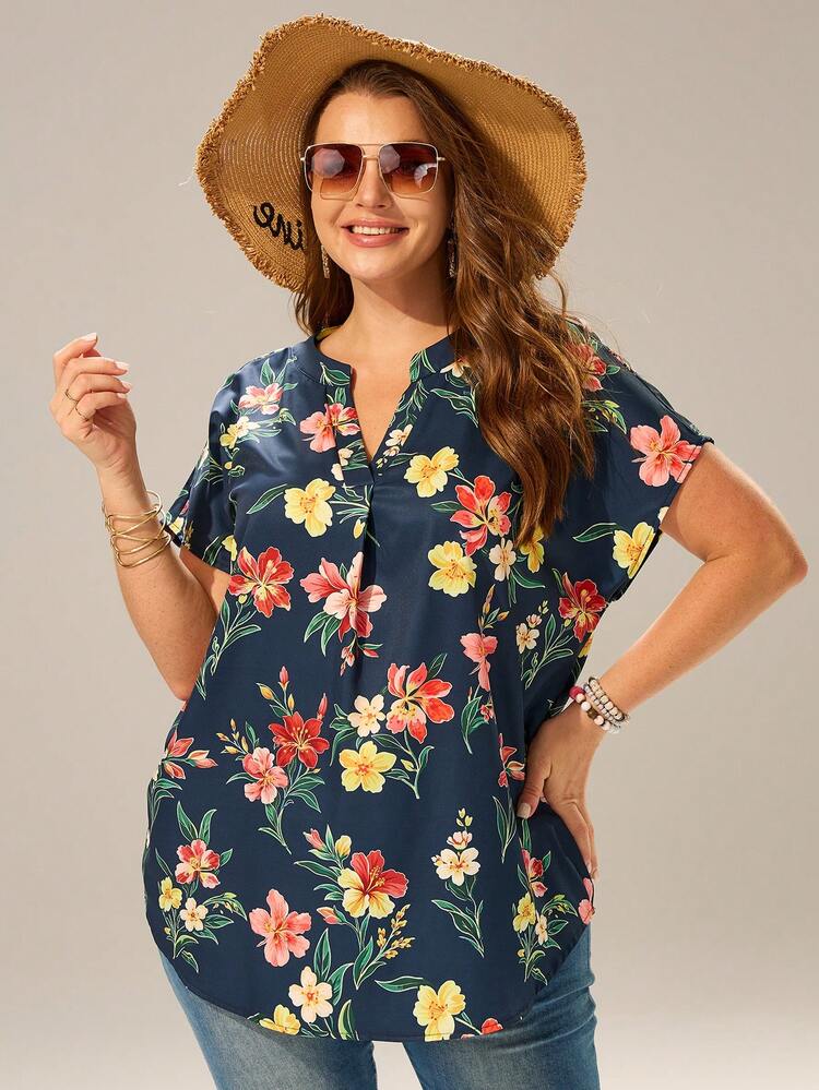 Plus Size V-Neck Batwing Short Sleeve Solid Casual Blouse,Summer Clothes,Vacation Outfits Woman / Vacation,Boho Womens Clothing
