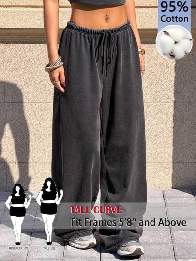 SHEIN Tall CURVE Plus Size Women Casual Low Waist Straight Leg Sweatpants, Suitable For Summer Wear, Vintage Washed Loose Wide Leg Pants, Drawstring Trousers, Black Pants, Suitable For Outdoor, Autumn/Winter Wear, Women Sports Wear, Suitable For Summer, Daily Commute, Dating, Party, Christmas, New Year, Thanksgiving, Party, Wedding, Beach, Graduation Ceremony, Fashion, Elegant, Casual, Outing, Dating, Reservation, Commuting, Shiny, Valentine's Day, Elegant, Vacation, Casual, Y2K, Outing, Graduation Ceremony And Other Occasions.