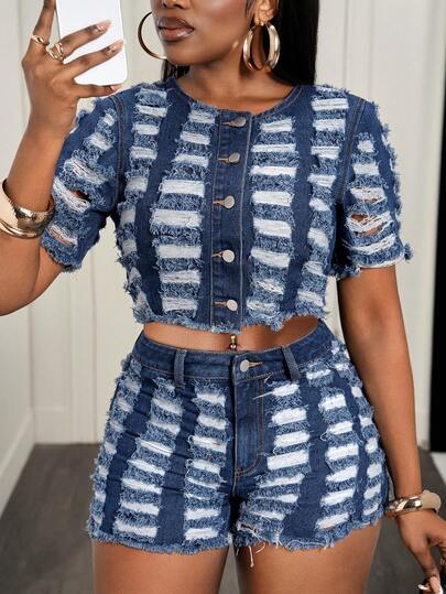 Slaydiva Vintage Distressed Denim Jacket, Casual Short Sleeve Frayed Hem Bomber Jacket