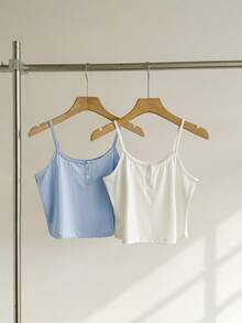 SweetSlumber Women's Casual INS Comfortable Button Knit Ribbed Camisole Cropped Top 2 Pieces Pajama Set Loungewear Baby Blue White Summer - Multicolor - View 3