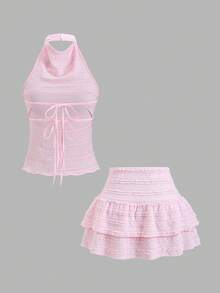 SHEIN Sweetro 2026春夏新款纹理吊带背心和迷你裙两件套，甜美时尚，适合外出和聚会 - 粉色 - 查看 2