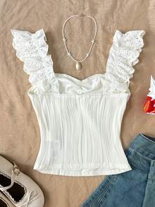 SHEIN 少女休闲日常舒适修身荷叶边提花面料吊带背心 - 白色 - 查看 2