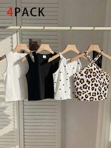 SHEIN Elladie kids 4件套女童Y2K豹纹、波点、爱心图案拼接无袖露脐上衣，修身、柔软舒适，适合度假、海滩派对等场合。豹纹上衣、爱心上衣、白色上衣、黑色上衣——多种款式可自由搭配。 - 彩色 - 查看 7