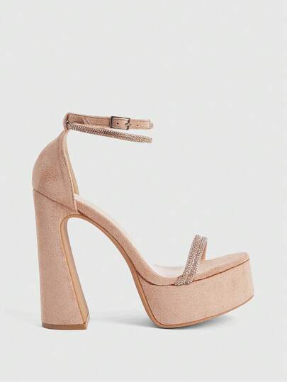 CUCCOO LuxiPop Nuevos diseños de primavera y verano, tacones gruesos, tacones altos elegantes y de temperamento simple, sexy con tiras de rhinestone, material de franela rosa para mujer, tacones altos con correa de tobillo hueca, zapatos de vestir para citas, tardes de té, Día de San Valentín y uso elegante