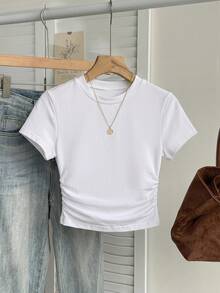 SHEIN Teen GirlSolid Color Ruched Design Cropped Fitted T-Shirt - White - View 4